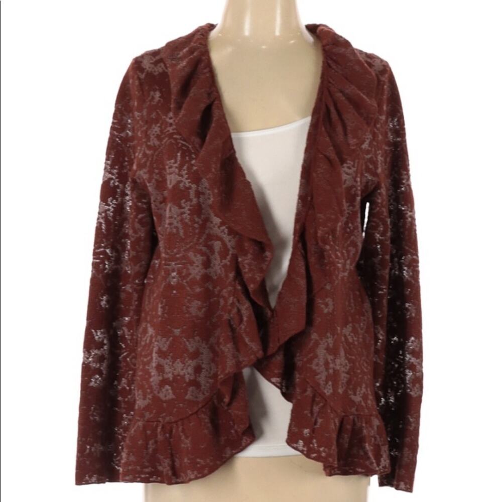 Chico’s rust orange red ruffle open front lacey boho cardigan sweater large